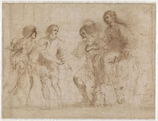 Ontmoeting van Maria en Jozef voor het huis van Elisabeth en Zacharias (recto), Maria en Elisabeth aan de voet van een trap (verso)