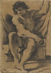 Zittende naakte jongeman in vrijwel frontaal aanzicht, ca. 1618