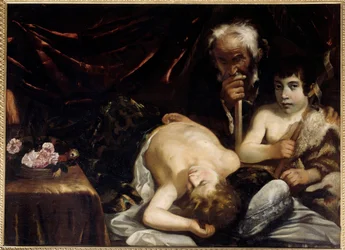Het slapende kind Jezus met Sint Jan de Doper en Sint Jozef Schilderij door Guido Cagnacci (1601-1681). 1630-1640. Dim. 0,94x1,31 m Chantilly, musee Conde