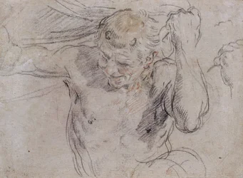 Een sater die een draperie optilt, en een aanvullende studie van zijn linkerhand