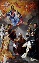 Pestaltaarstuk: Maagd met Kind met de heilige Petronius, de heilige Franciscus, de heilige Ignatius, de heilige Franciscus Xaverius, Proculus van Bologna en Florianus