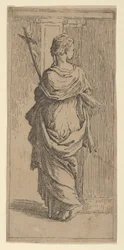Meisje dat een kruis draagt en naar een pilaster stapt, van achteren gezien