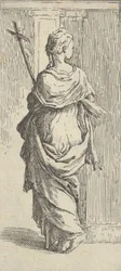 Meisje dat een kruis draagt en naar een pilaster stapt, gezien van achteren, ca. 1590-1600