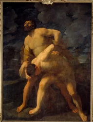 Hercules worstelt met Achelous. Hercules verslaat de Griekse riviergod. Schilderij door Guido Reni, bekend als Il Guido (1575-1642) 1620