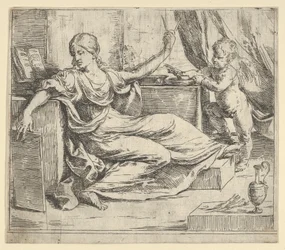 Zittende vrouw met een tablet en kompas allegorie van leren, een gevleugelde putto...