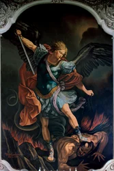 De aartsengel Sint-Michiel die de draak verslaat. Schilderij van V. M. De Girolamo (20e eeuw) naar Guido Reni. 1957