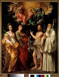 De kroning van de Maagd met vier heiligen (Catharina van Alexandrië, Johannes de Evangelist, Johannes de Doper en Bernardus) - De Maagd Maria is in de hemel afgebeeld met de Drie-eenheid (Jezus Christus, God en de duif van de Heilige Geest (Heilige Geest)