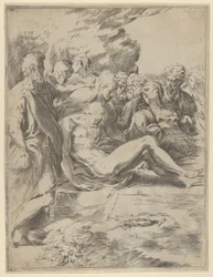 De graflegging, Christus met uitgestrekte benen, de Maagd aan de rechterkant