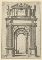 Triomfboog bekroond door een vrouw zittend op een dolfijn, vier staande figuren eronder, een tempel...