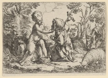 Jonge Sint Johannes de Doper knielend voor het kind Christus die zijn gezicht streelt, ca. 1600-1640