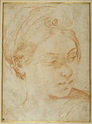 Hoofd van een jonge vrouw, over haar linker schouder kijkend