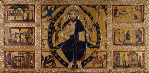 De Verlosser en de symbolen van de Evangelisten, door Guido da Siena, schilderij op hout