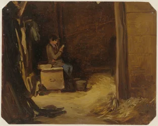 Brieven lezende jongen in een stal