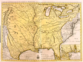 Kaart van Louisiana (VS) en de Mississippi-rivier (ets)
