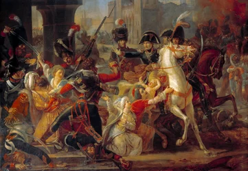 Clemence van generaal Bonaparte tegenover een Arabische familie bij de intocht van het Franse leger in Alexandrië op 3 juli
