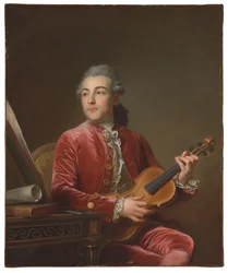 Portret van een heer, halflang, zittend in een rood fluwelen jasje met een viool