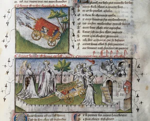 Hoe Venus arriveert en het kasteel bestormt dat door jaloezie is gebouwd, Miniatuur door Guillaume Lorris uit het manuscript Le Romanesque de la Rose