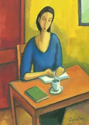 Meisje met boeken en koffie, 2010 (gouache op papier)