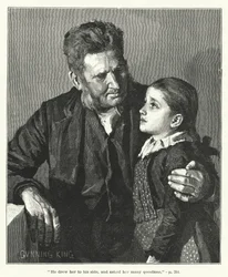 "Hij trok haar naar zich toe en stelde haar veel vragen" (gravure)
