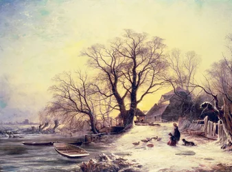 Figuren buiten een huisje in de winter