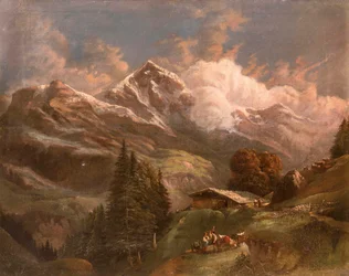 Levendige alpenweide met uitzicht op bergtoppen - Großglockner?