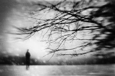 Eenzame figuur in de wintermist
