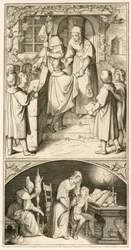 Maarten Luther als schooljongen, hij zingt voor de deur van Ursula Cotta in Eisenach voor een beetje brood. In dit huis zal hij pijp en luit leren spelen, aldus de originele tekst