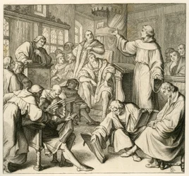 Maarten Luther in discussie met Dr. Johannes Eck (Johann Maier von Eck) (1486-1543), aan de kant van Luther staan Philipp Melanchthon (1497-1560) en Karlstadt (Andreas Rudolf Bodenstein von Karlstadt)