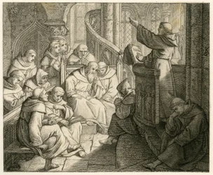 Maarten Luther preekt in het klooster, voor Staupitz, zijn vaderlijke vriend