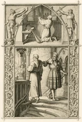 Maarten Luther bereidt zich voor met een gebed voor de ontmoeting met de keizer (bovenste afbeelding); hoofdbeeld: Luther ontmoet de ridder George (Georg) von Frundsberg (Jorg von Fronsberg, Freundsbergin)