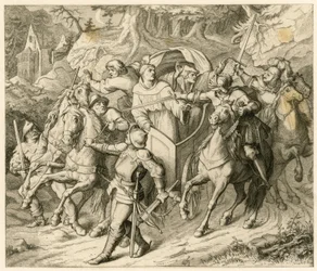 De ontvoering van Maarten Luther op zijn terugreis - 1521 - door Hauptmann von Berlepsch en Burkhard Hund, vanwege de pauselijke ban en de rijksban van de keizer