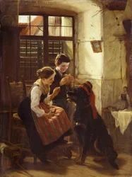 Het geduldige huisdier. Twee kinderen hebben hun hond (een huisdier) een hoed opgezet en geven hem wat brood te eten. Schilderij van Gustav Igler (1842-1908)