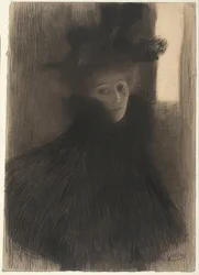 Portret van een dame met cape en hoed