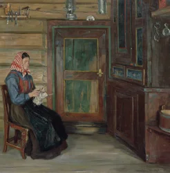 Boereninterieur met breiende vrouw