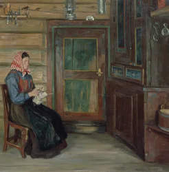 Boeren interieur met breiende vrouw