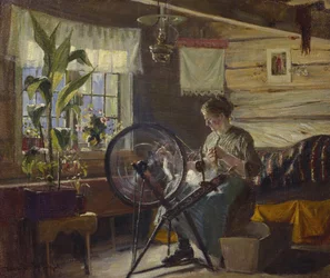 Vrouw in boerderij interieur