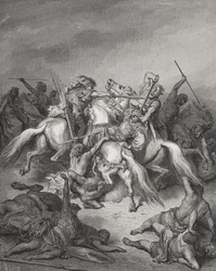 Abishai redt het leven van David, Samuel 2:17, illustratie uit Dore