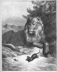 De leeuw en de muis - uit „Fabels“ van Jean de La Fontaine (Lafontaine) (1621-95) - gravure naar Gustave Doré (1832-83) - privécollectie