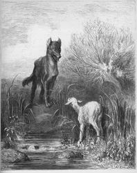 De wolf en het lam - uit „Fabels“ van Jean de La Fontaine (Lafontaine) (1621-95) - gravure naar Gustave Doré (1832-83) - Privécollectie