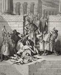Slachting van de zonen van Zedekia voor hun vader, II Koningen 25:7, illustratie uit Dore