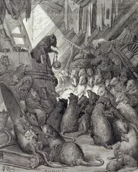 De raad gehouden door de ratten, uit de fabels van La Fontaine, gegraveerd door Antoine Valerie Bertrand (geb. 1823) ca. 1868