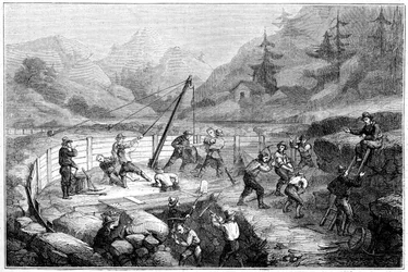 Uitgraven en wassen van zand op de bodem van een rivier, Californië, 19e eeuw