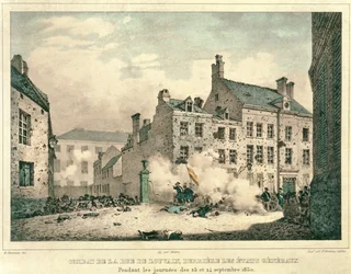Gevechten in de Rue de Louvain, Brussel, achter de Etats Generaux, 23-24 september 1830, gegraveerd door Jean Baptiste Madou (1796-1877)