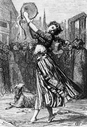 Esmeralda met haar geit Djali, illustratie voor De Klokkenluider van de Notre-Dame, roman van Victor Hugo (1802-1885), gravure naar tekening van Gustave Brion (1824-1877), uitgegeven door Hetzel, Parijs