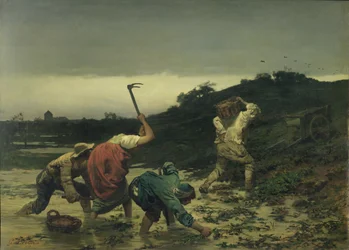 Boeren oogsten aardappelen tijdens de overstroming van de Rijn in 1852