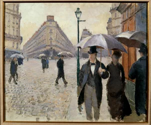 Een straat in Parijs bij regenachtig weer (Place de l