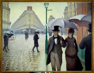 Een straat in Parijs bij regenachtig weer in 1877