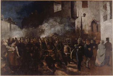 Brandweerlieden rennen naar een brand, tussen 1850 en 1851