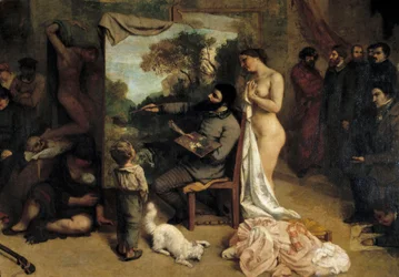Het atelier van de schilder. Reële allegorie die een zevenjarige fase van mijn artistieke en morele leven bepaalt. Detail met de schilder, omringd door zijn twee inspiratiebronnen, een kind dat naïviteit symboliseert en een naakte vrouw. Schilderij van