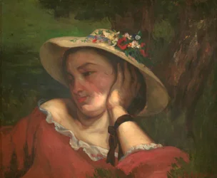 Jonge dames aan de oever van de Seine – fragment van een schilderij (Vrouw met bloemen op haar hoed)